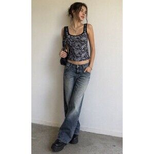 Vintage Cache Whimsigoth Corset Tank Top Large Black Silver Floral Lace Y2K Vamp